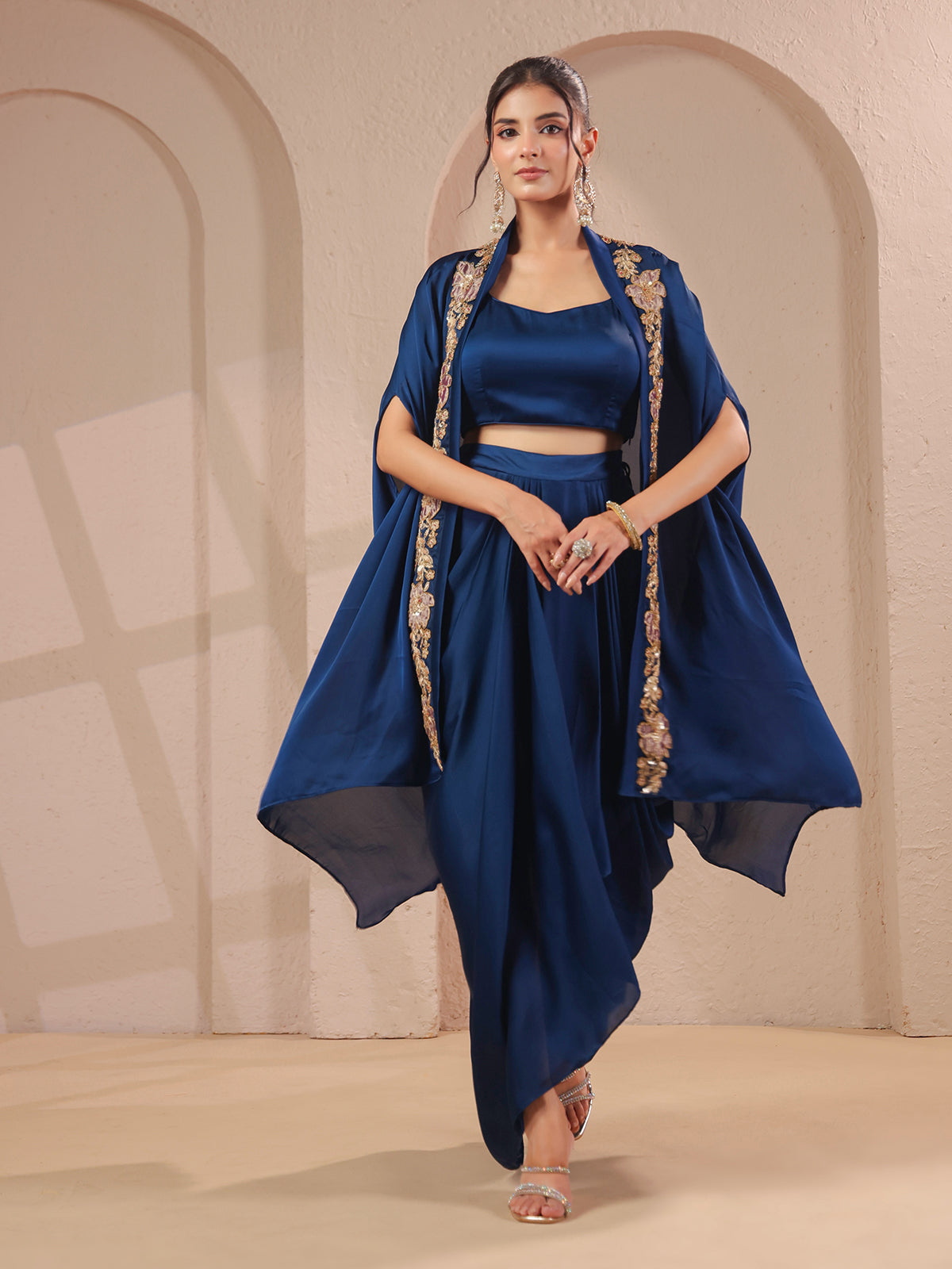Royal blue handwork overlay bustier with designer drape skirt