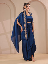 Royal blue handwork overlay bustier with designer drape skirt