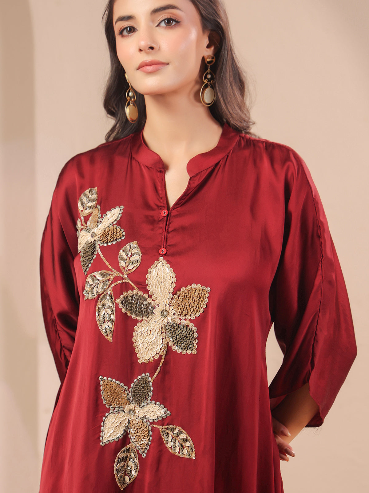 Maroon handwork kurti with contemporary dhoti pants