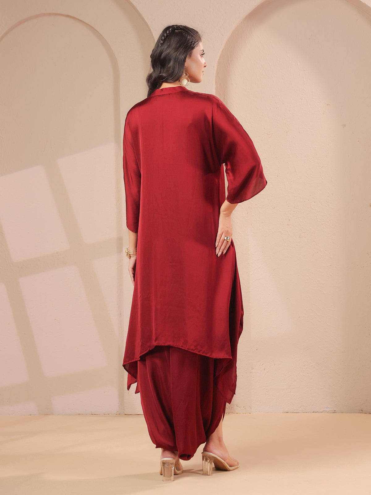Maroon handwork kurti with contemporary dhoti pants