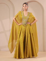 Mehendi yellow handwork flared top with banarasi palazzo