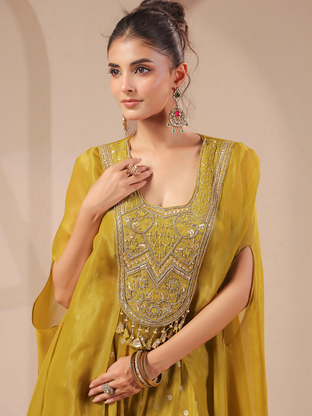 Mehendi yellow handwork flared top with banarasi palazzo