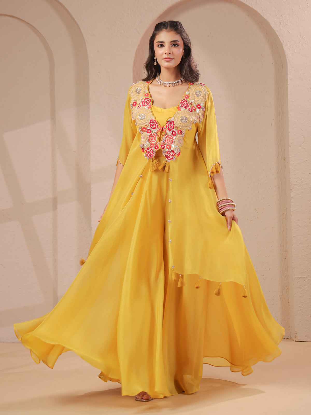 Mustard yellow handwork kurta bustier with shimmering palazzo