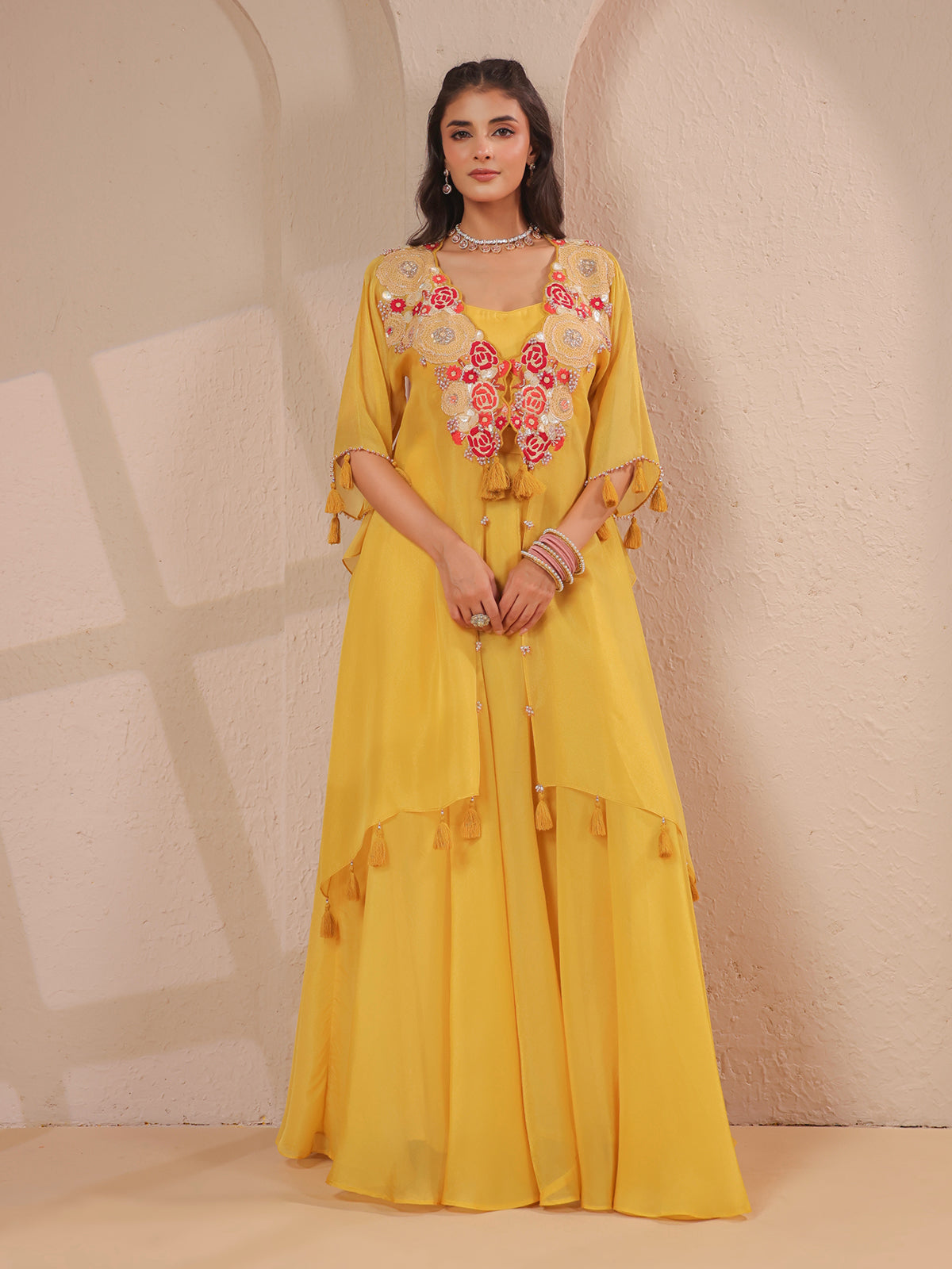 Mustard yellow handwork kurta bustier with shimmering palazzo