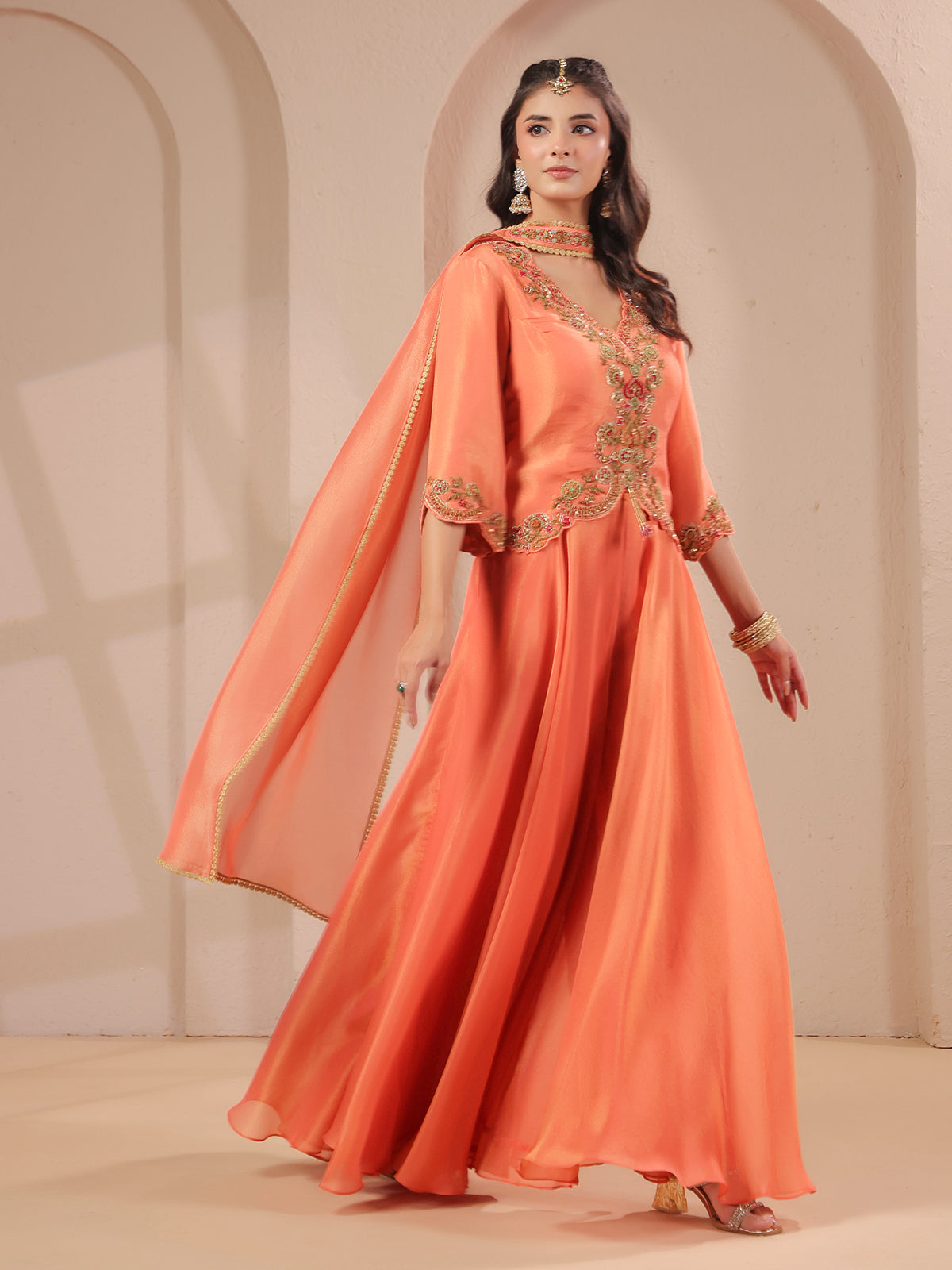 Peach scallop work top with draped dupatta and palazzo
