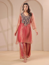 Onion pink handwork yoke kurta with tissue organza palazzo