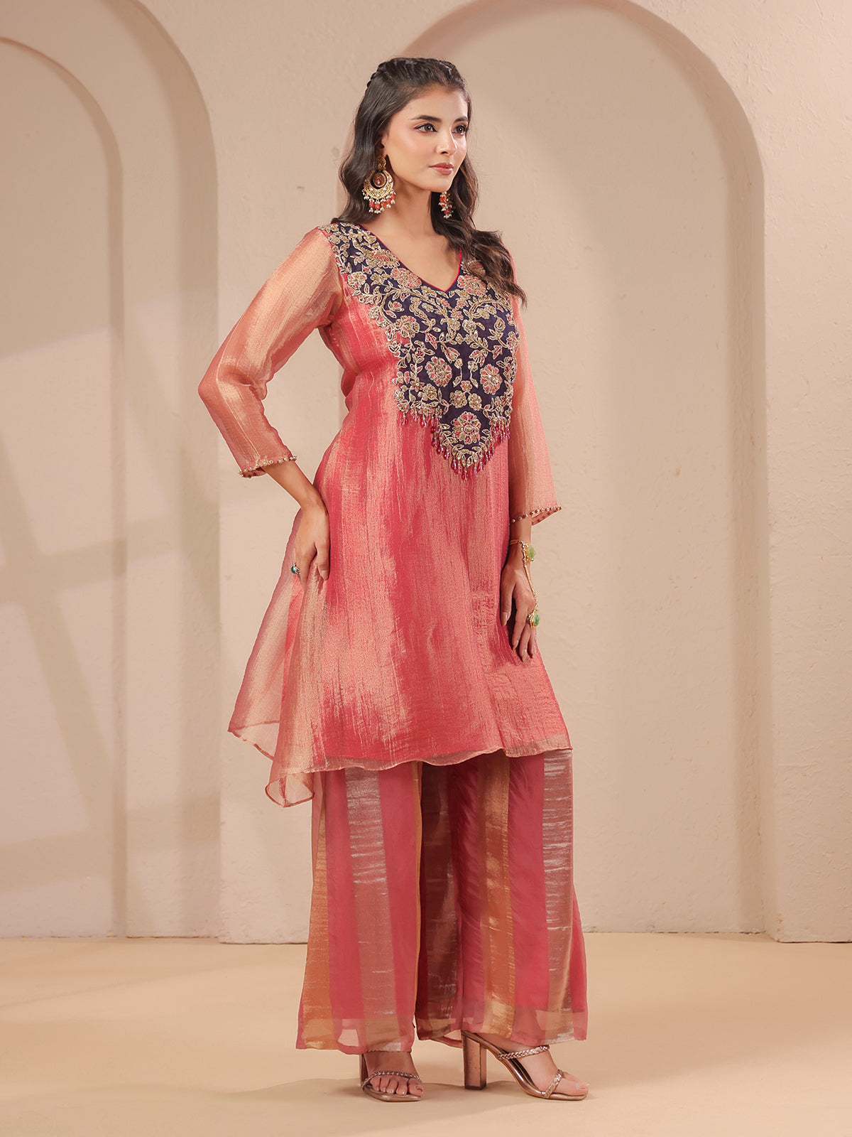 Onion pink handwork yoke kurta with tissue organza palazzo