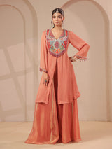 Peach handwork kurta palazzo set with shimmering organza
