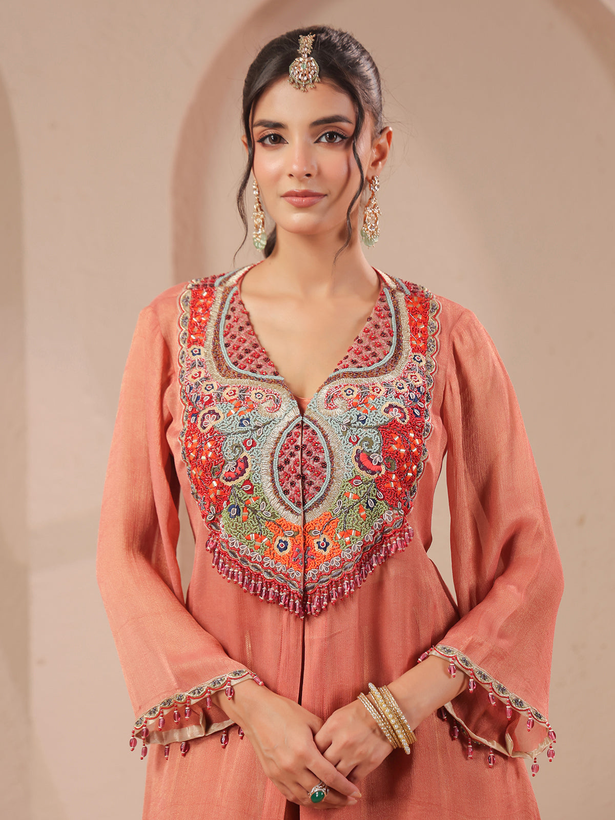 Peach handwork kurta palazzo set with shimmering organza