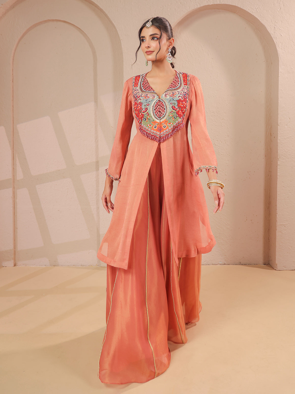 Peach handwork kurta palazzo set with shimmering organza