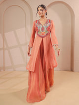 Peach handwork kurta palazzo set with shimmering organza