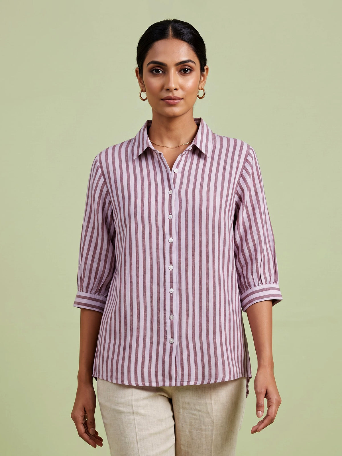 White brown linen women relaxed shirt