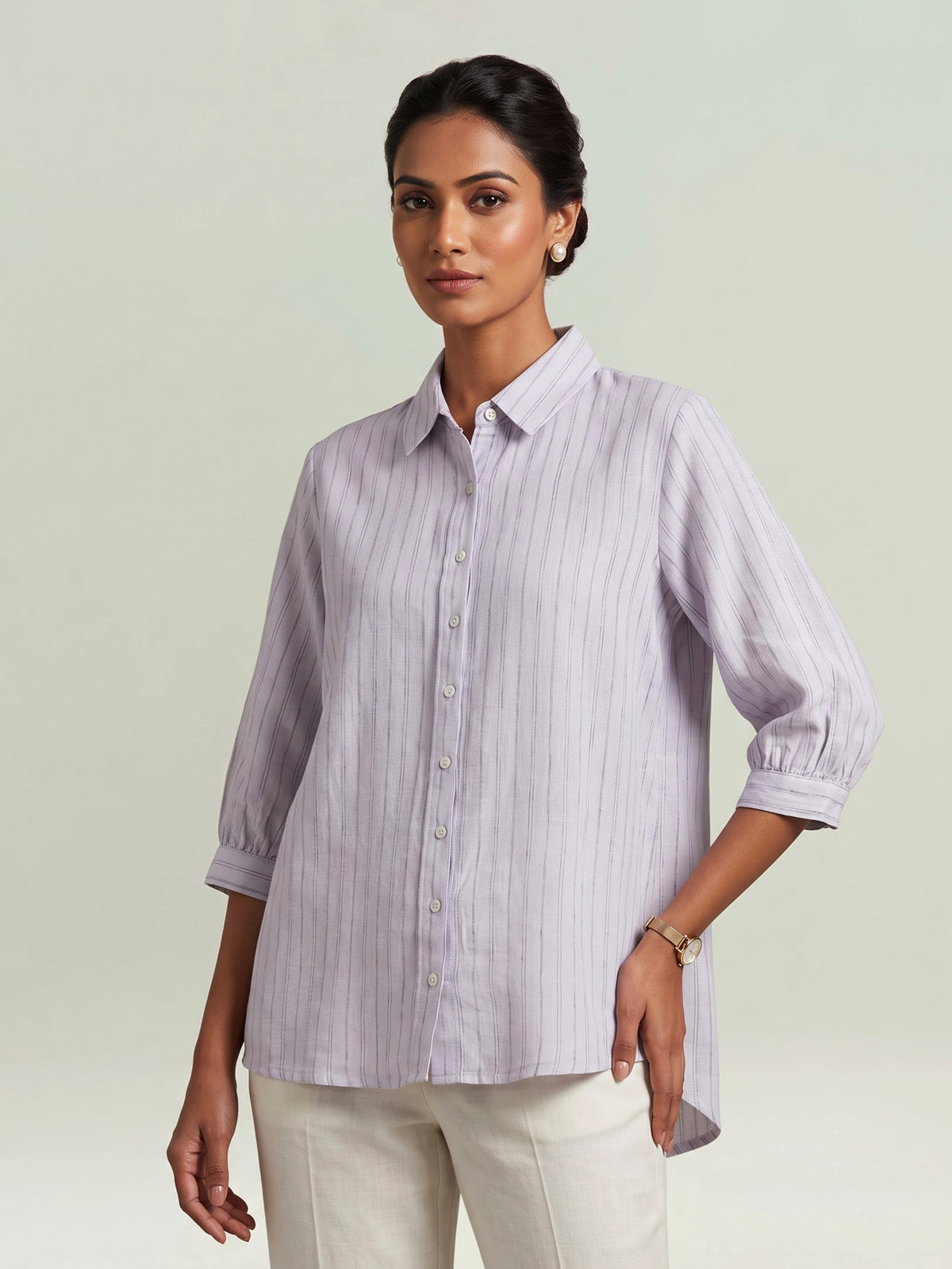 Off white linen women striped shirt