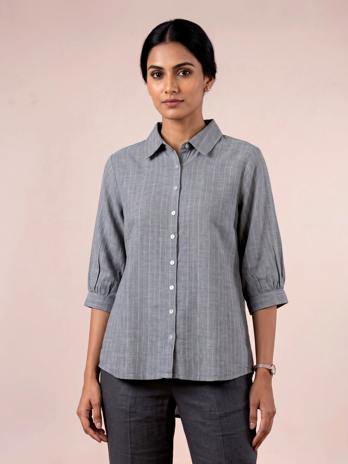 Grey linen women pinstripe shirt