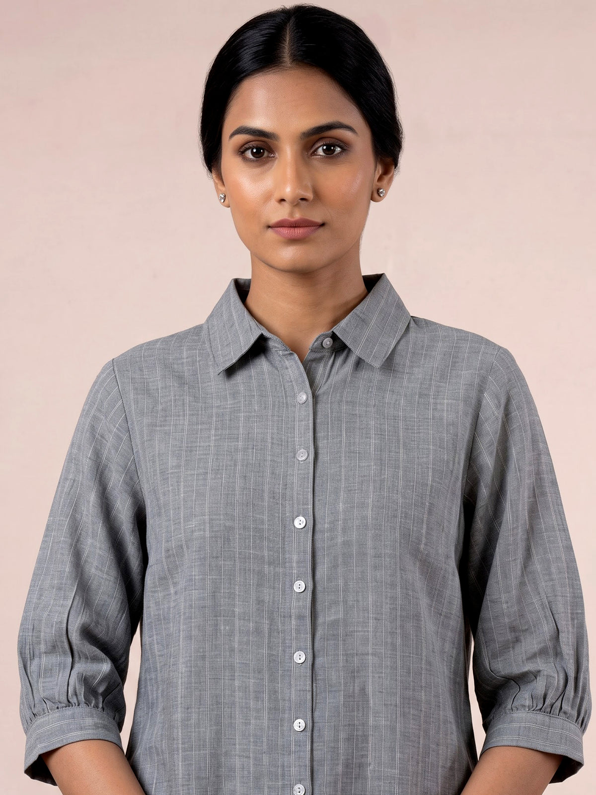 Grey linen women pinstripe shirt