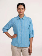 Sky blue linen women striped shirt