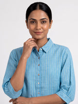 Sky blue linen women striped shirt