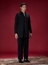 Black geometric embroidered mens kurta suit