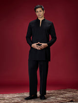 Black geometric embroidered mens kurta suit