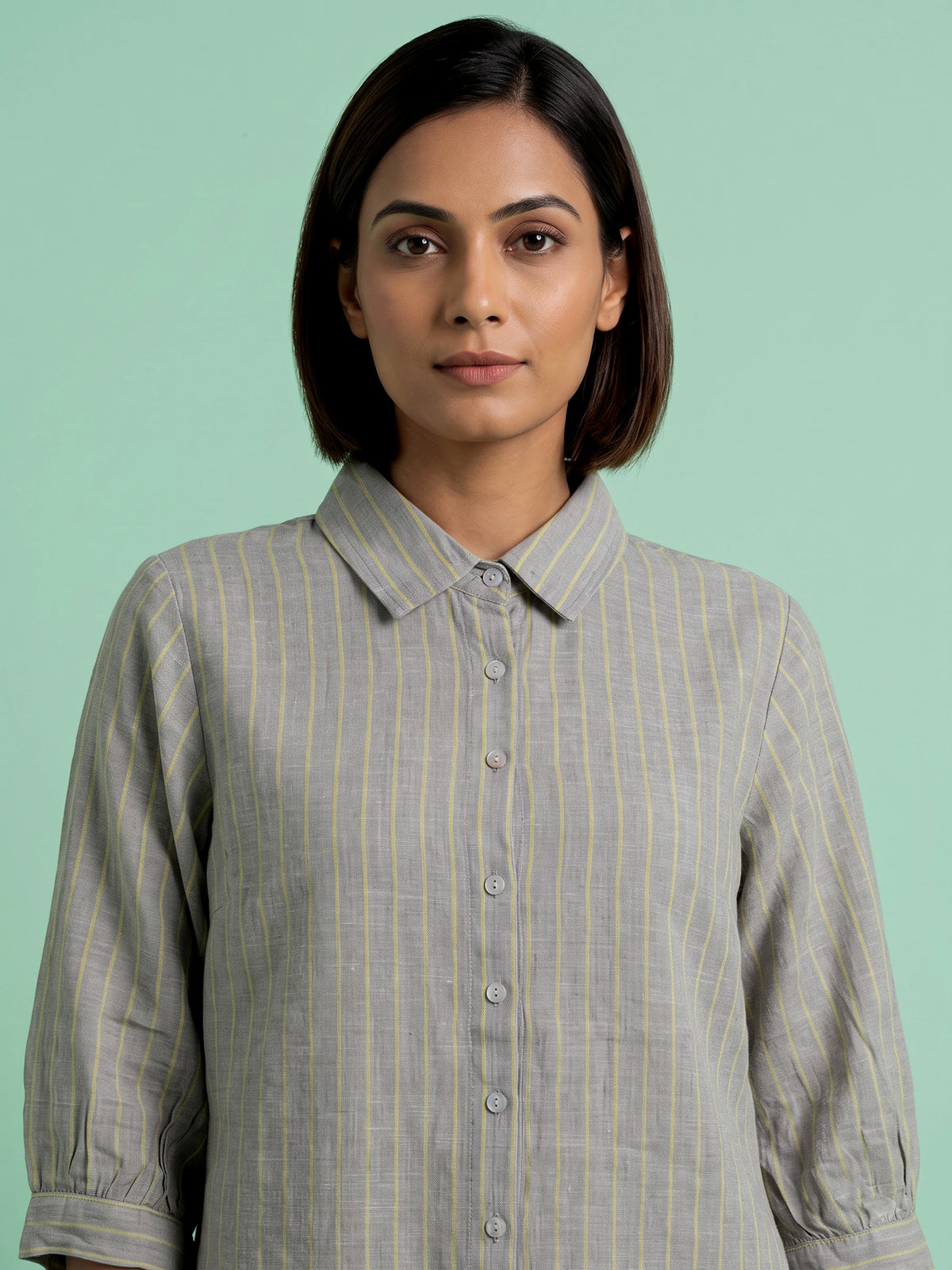 Grey linen women striped shirt