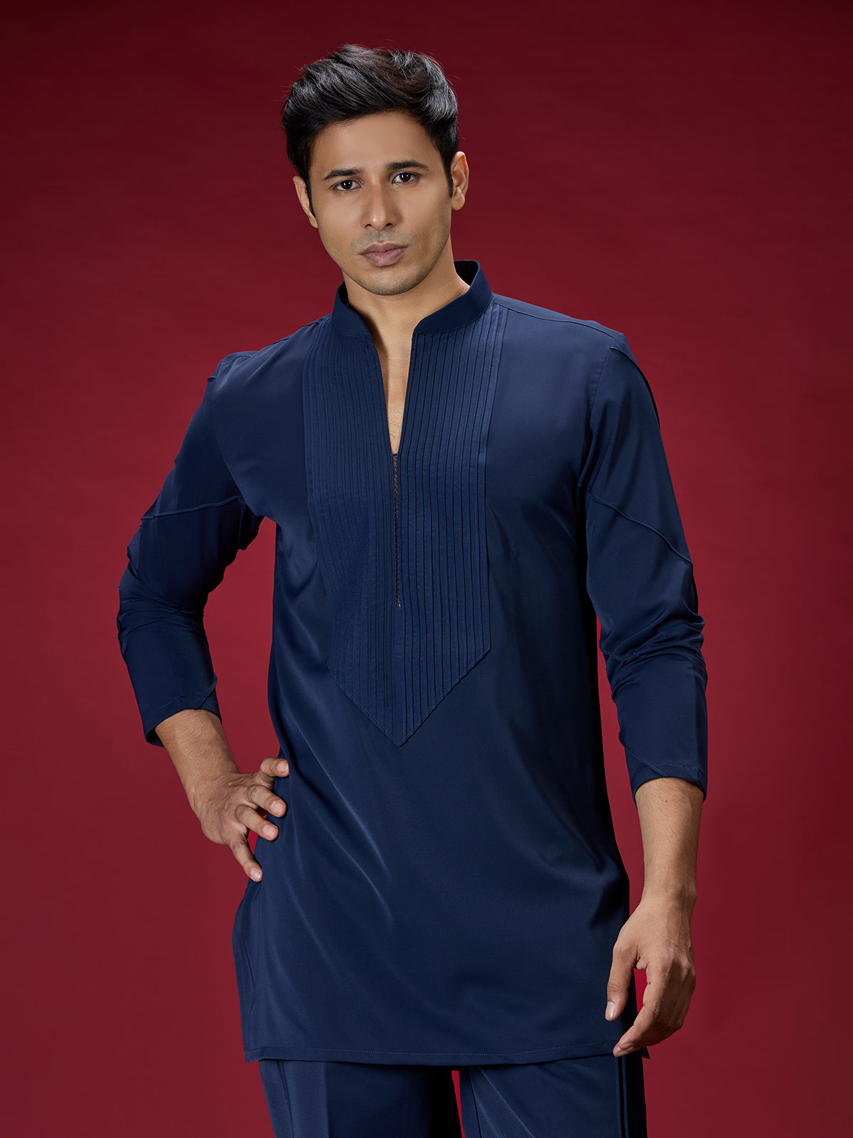 Navy blue tailored mens kurta suit