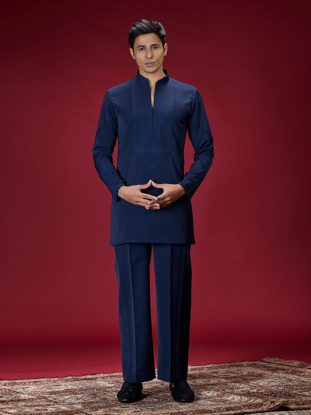 Navy blue tailored mens kurta suit