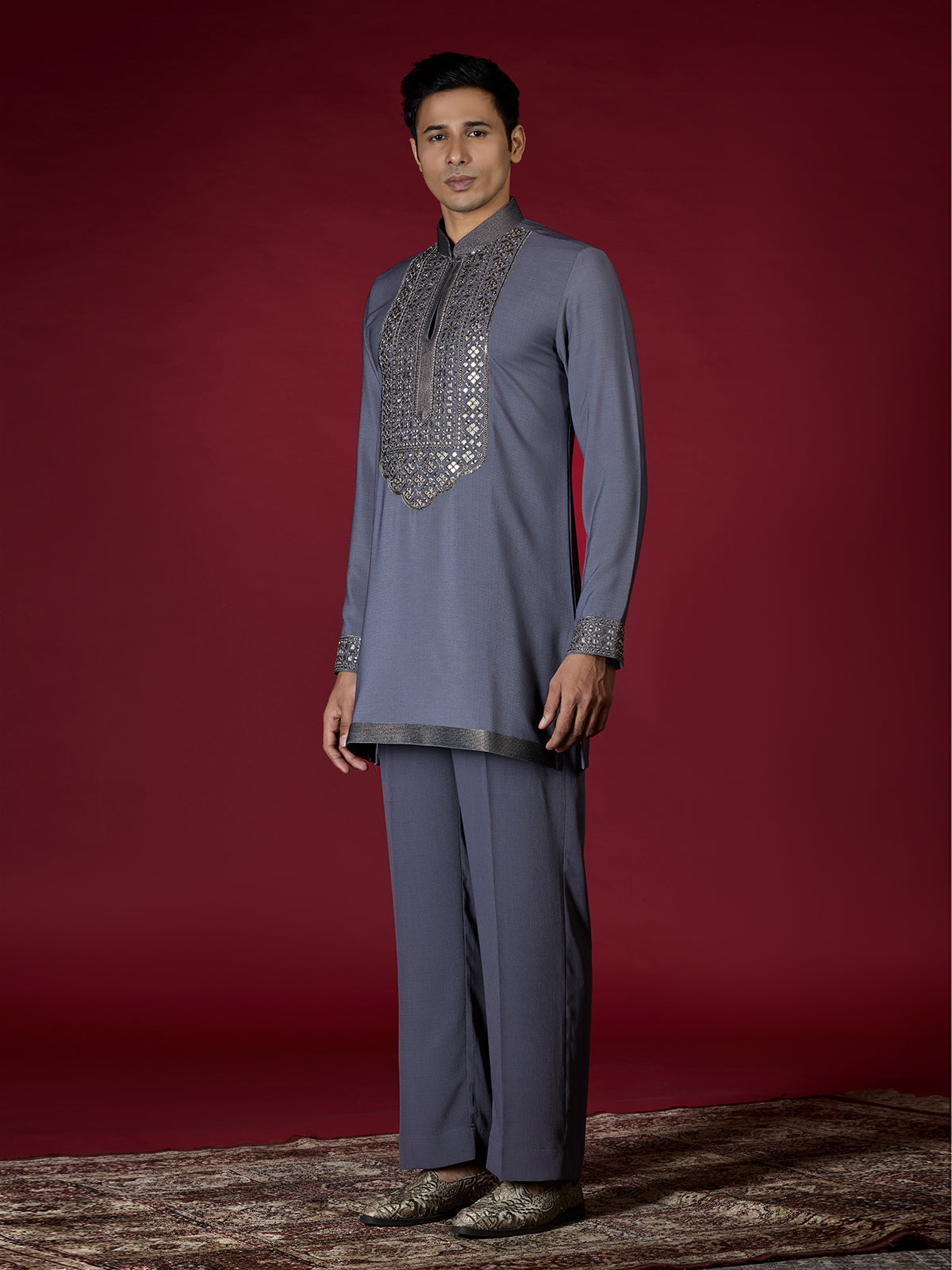 Grey embellished mens kurta suit