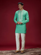 Green mughal mens kurta suit with embroidered work