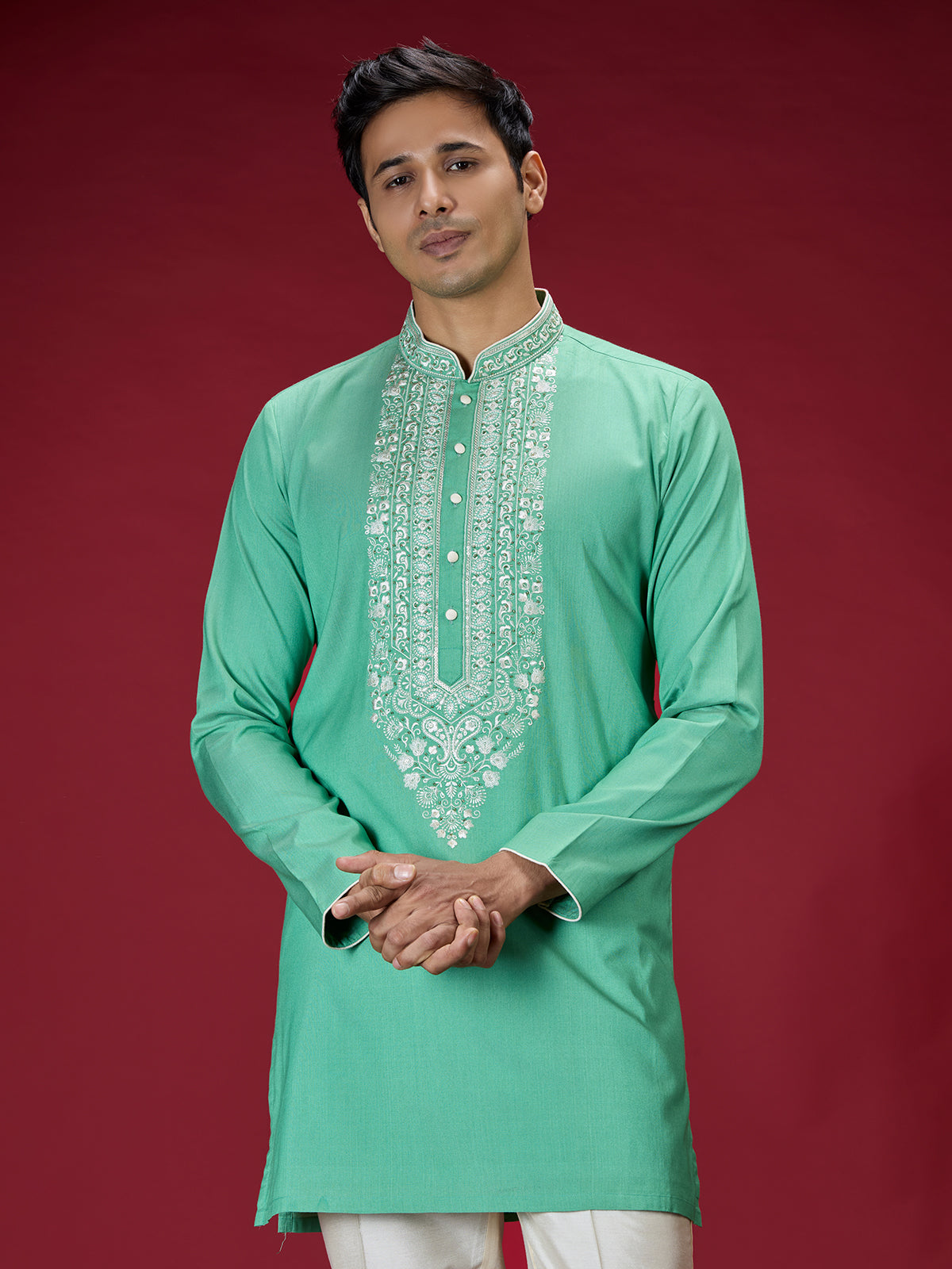 Green mughal mens kurta suit with embroidered work