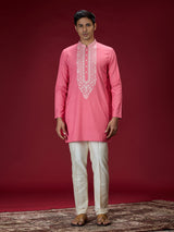 Hot pink mughal embroidered mens kurta suit