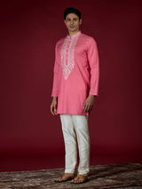 Hot pink mughal embroidered mens kurta suit
