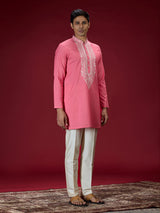 Hot pink mughal embroidered mens kurta suit