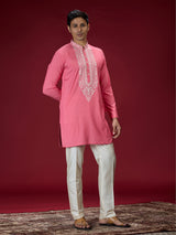 Hot pink mughal embroidered mens kurta suit