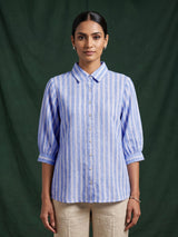 Sky blue white linen women striped shirt