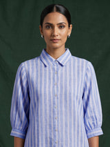 Sky blue white linen women striped shirt