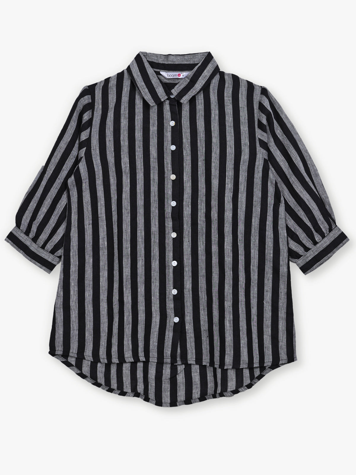 Black linen women striped A-line shirt