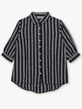 Black linen women striped A-line shirt