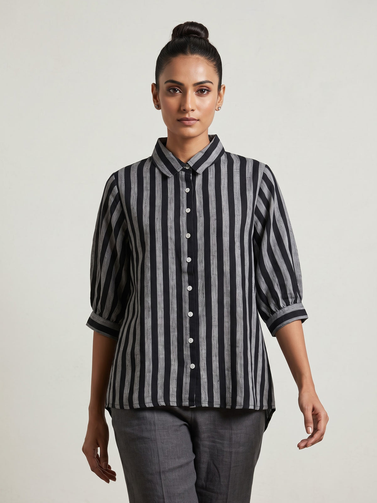 Black linen women striped A-line shirt