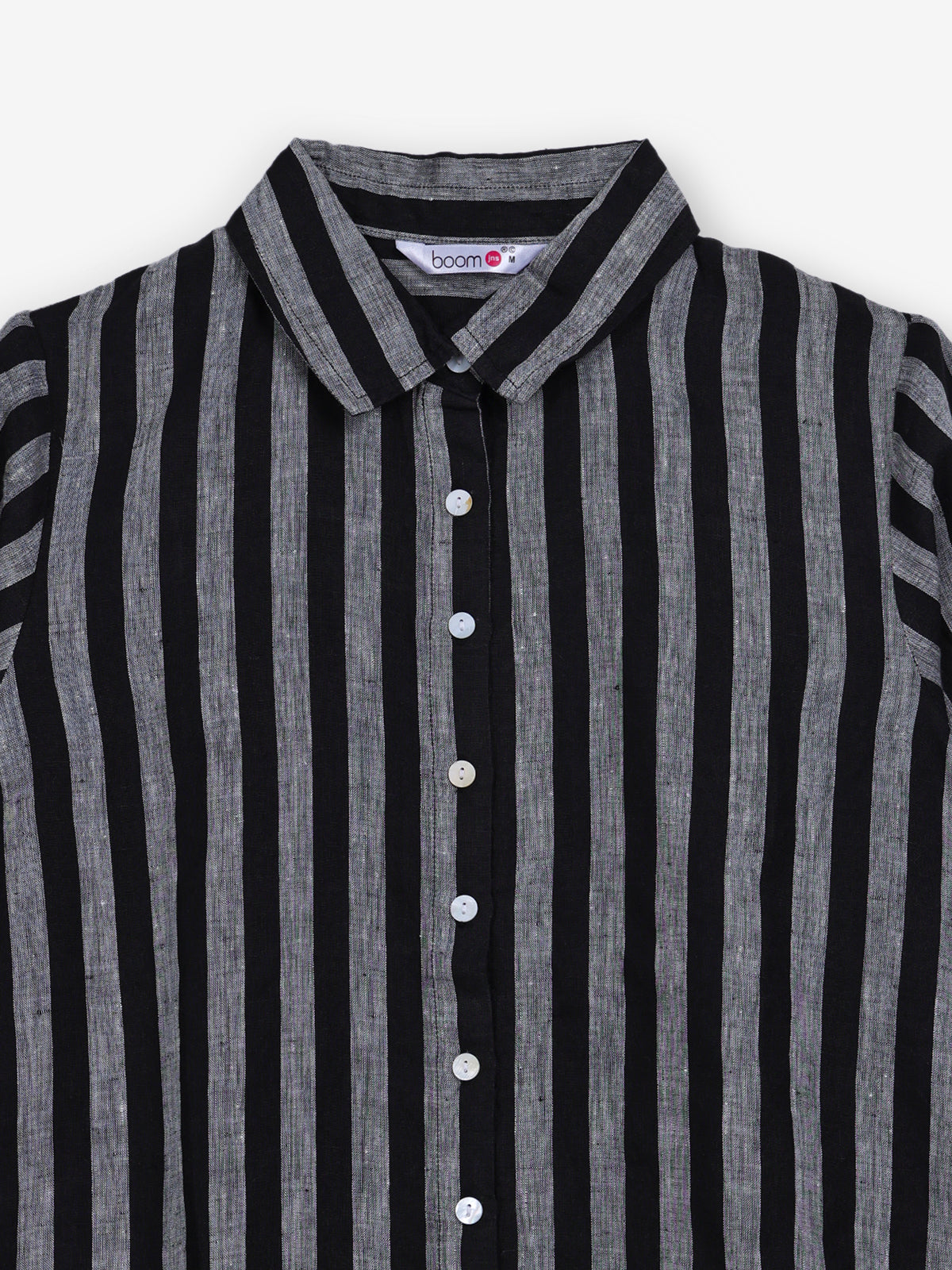 Black linen women striped A-line shirt