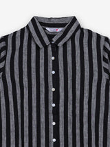 Black linen women striped A-line shirt