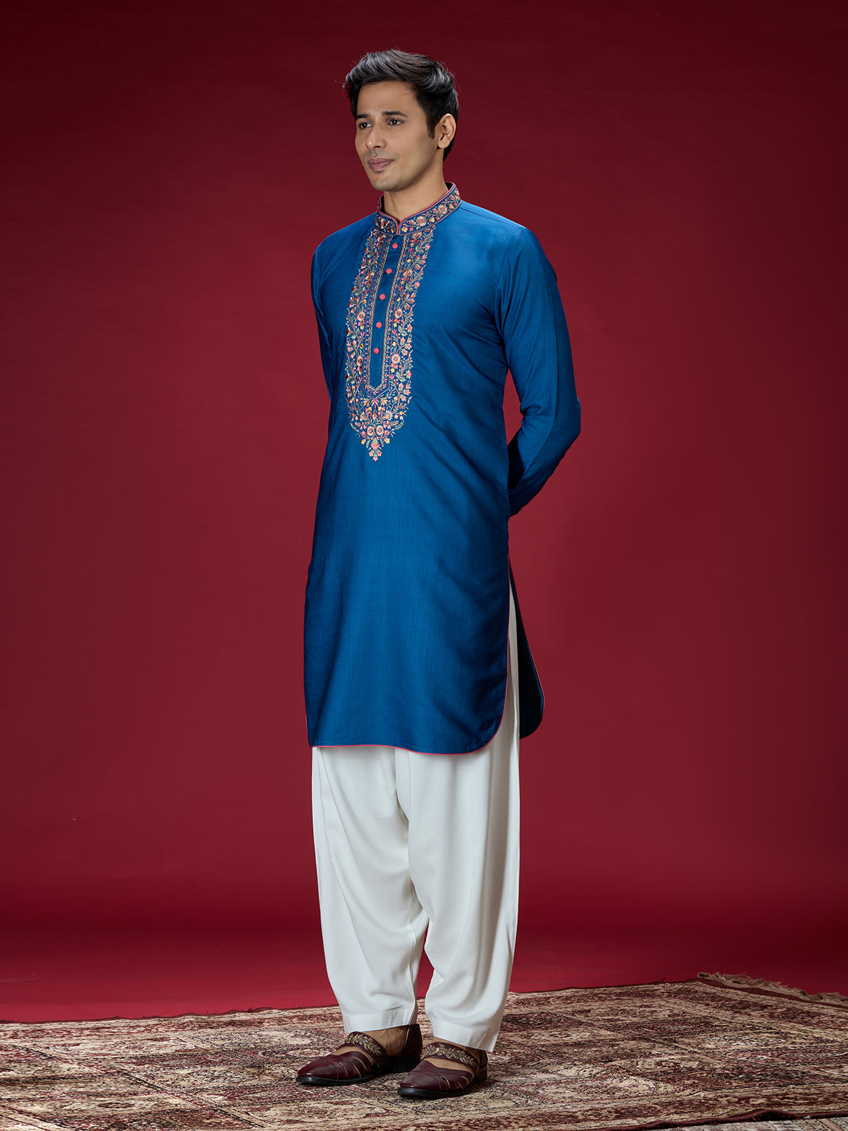 Blue persian floral mens kurta pajama