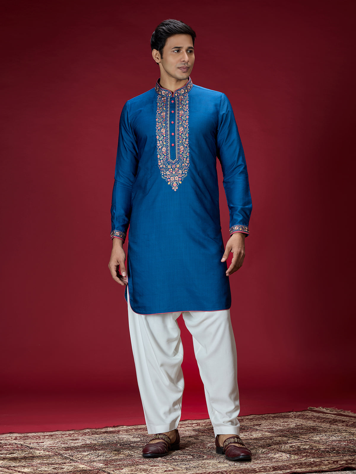 Blue persian floral mens kurta pajama