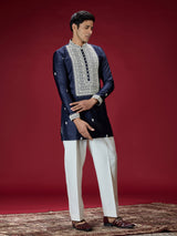 Navy blue zardosi embroidered mens kurta suit