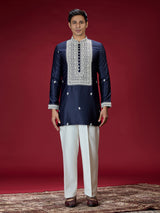 Navy blue zardosi embroidered mens kurta suit
