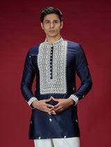 Navy blue zardosi embroidered mens kurta suit