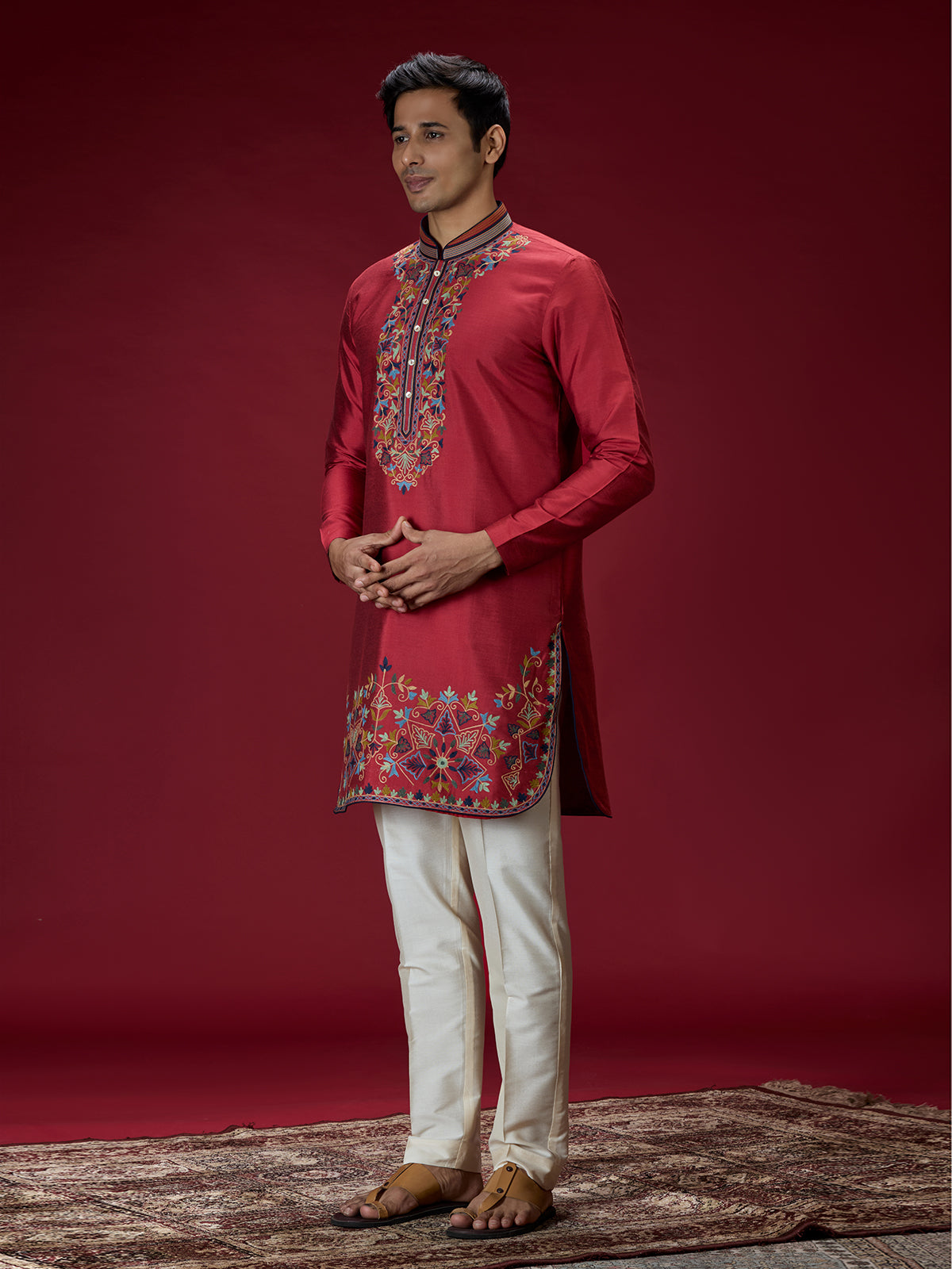 Deep maroon persian embroidered mens kurta suit