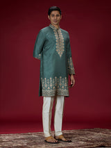 Green ornate embroidered mens kurta suit