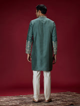 Green ornate embroidered mens kurta suit