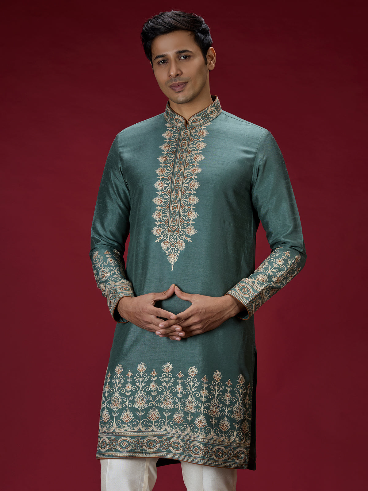 Green ornate embroidered mens kurta suit