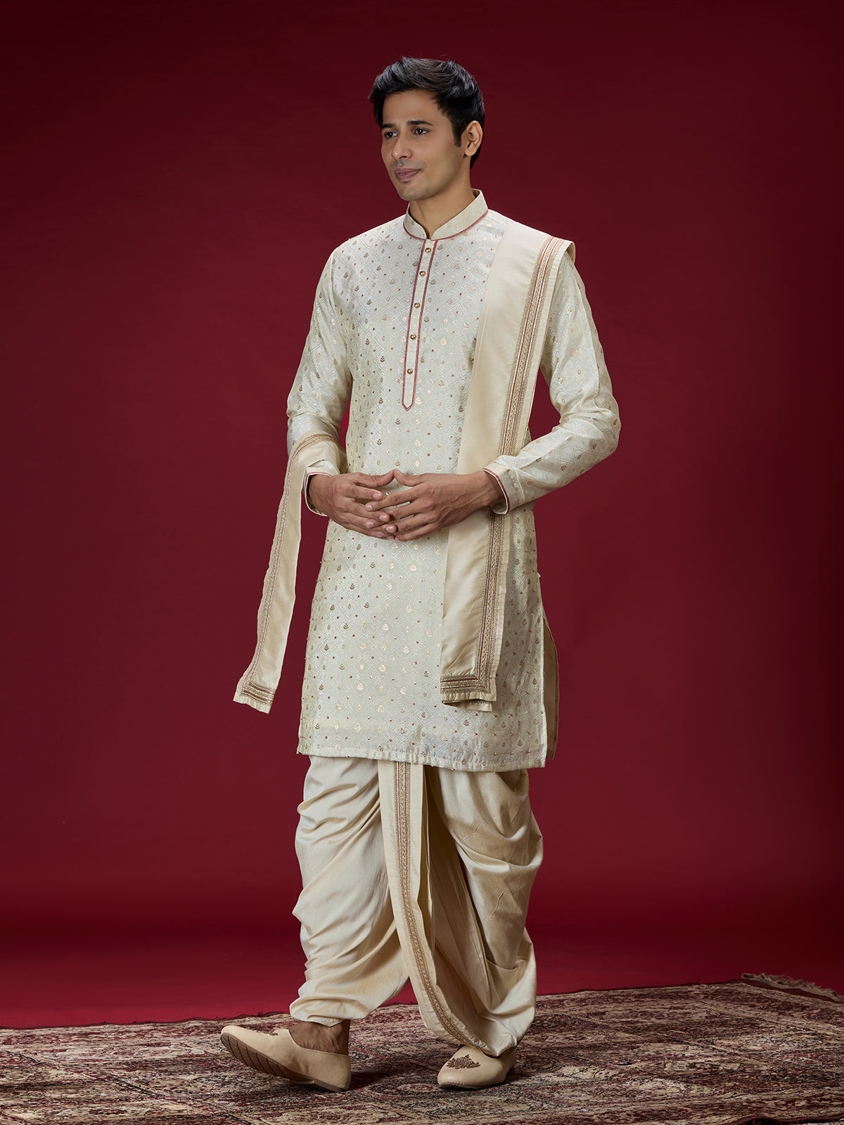 Cream zardosi embellished mens dhoti kurta suit